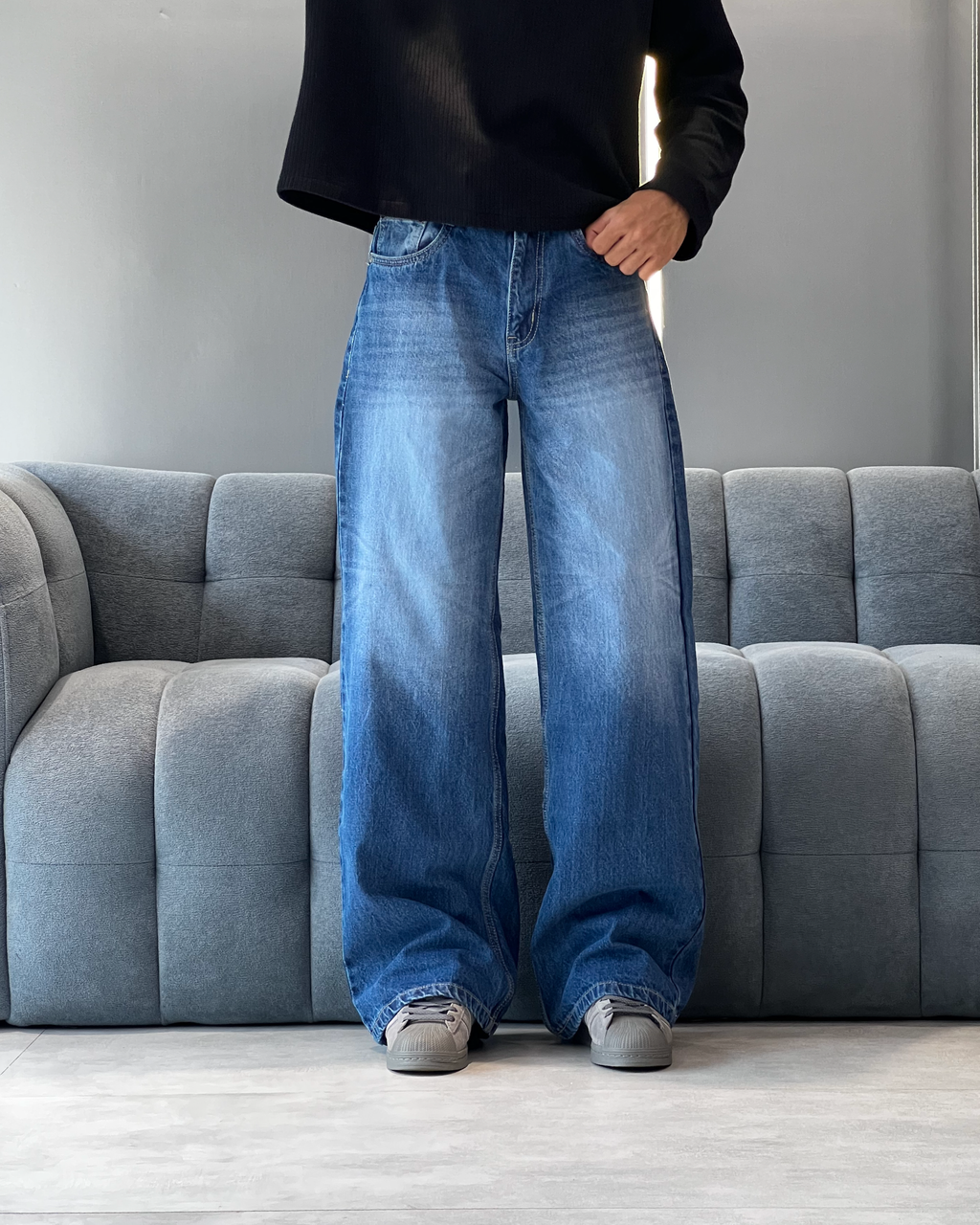 Mid Blue Washed Wide Leg Jeans